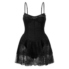 Lace Floral Tiered Ruffle Hem Short Dress