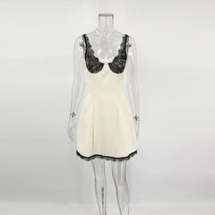Satin Lace Patchwork Neck Mounted Mini Dress