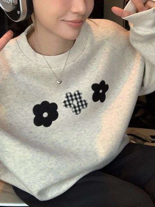 Flower Print Plaid O Neck Sweatshirt