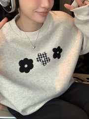 Flower Print Plaid O Neck Sweatshirt
