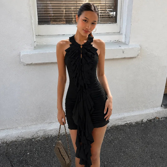Black Ruffled Ruched Sleeveless Mini Dress