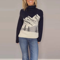 High-Necked Knitted Mountain Print Sweater