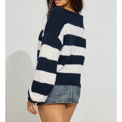 Blue Striped Ribbed Crew Neck Lantern Sleeve Sweater