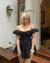 Black Polka Dot Off-Shoulder Puff Sleeve A-Line Mini Dress