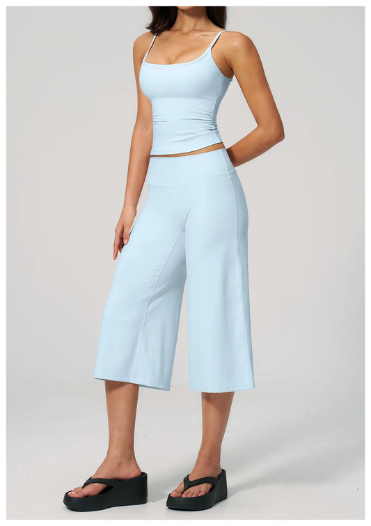 Solid Cami Removable Pads Top And Wide Leg Cropped Pants Set