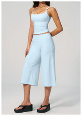 Solid Cami Removable Pads Top And Wide Leg Cropped Pants Set