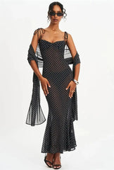 Black Polka Dot Sweetheart Neck Spaghetti Strap Scarf Maxi Dress