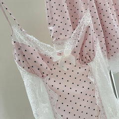 Pink Polka Dot Lace Patchwork Pyjamas Two Piece Set