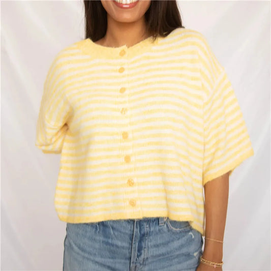 Striped Fuzzy Short Sleeve Round Neck Button Cropped Top