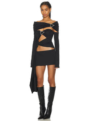 Black Cut Out Removable Off Shoulder Sleeves Mini Dress