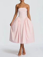 Strapless Lace Up Flare Pleated Midi Dress