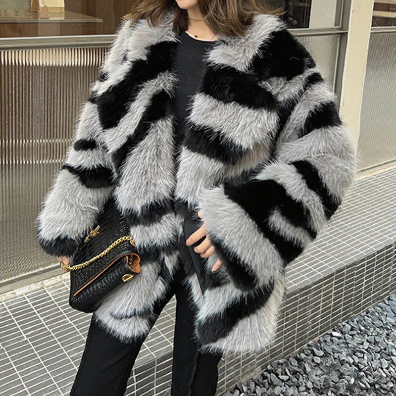 Zebra Striped Faux Fur Coat