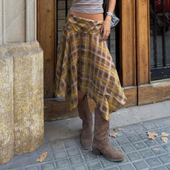Brown Plaid Asymmetrical Hem Midi Skirt