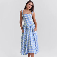 Blue Gingham Strap Midi Dress