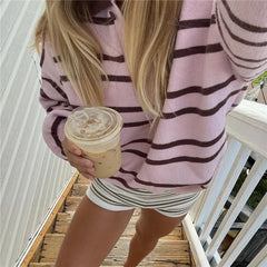 Pink Knit Brown Striped Half Button Long Sleeve Jumper Top