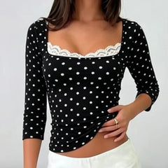 3/4 Sleeve Polka Dot Lace Trim Square Neck Top