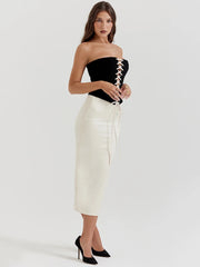 Women Strapless Bandage Crop Top And Midi Skirt Sets