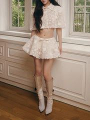White Lace Embroidery Collar Short Sleeve Crop Top And High Waist Mini Skirt Set
