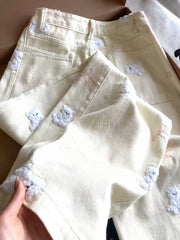 White Embroidered Bear Bow Pattern Jeans