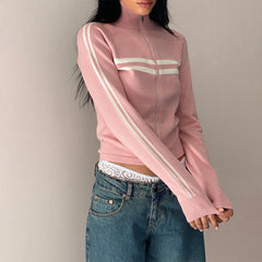 Ribbed Stripe Zipper Pullover Jacket - Free From Label