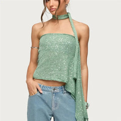 Sequin Knit Tube Top with Long Neck Scarf