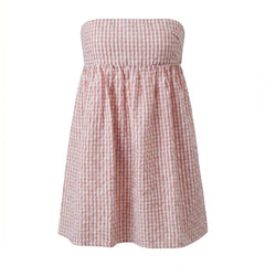 Gingham Strapless Babydoll Back Tie Mini Dress
