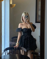 Black Polka Dot Off-Shoulder Puff Sleeve A-Line Mini Dress