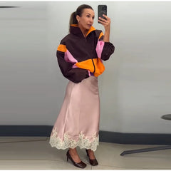Color Block Collared Zip Up Jacket