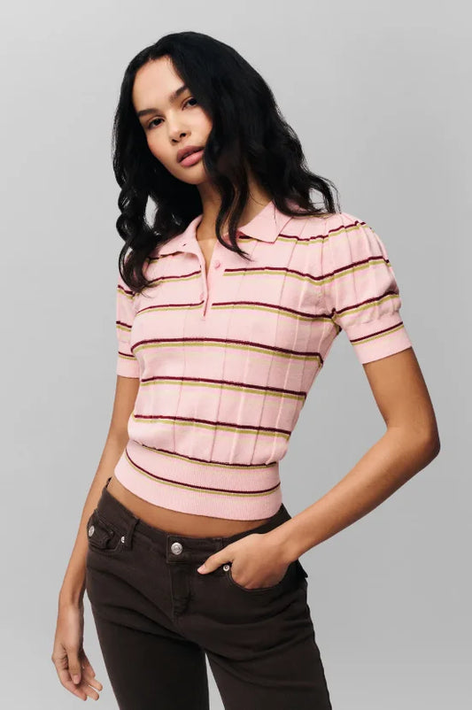 Knit  Striped Short-Sleeve Polo Top