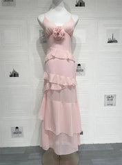Spaghetti Strap 3D Rose V Neck Ruffle Maxi Dress