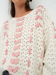 White Knit Pink Ribbon Lace Up Sweater - Free From Label