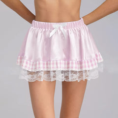 Plaid Lace Patchwork Trim A-line Mini Skirt