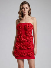Red Strapless 3D Flower Mini Dress