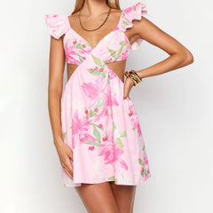 Pink V-Neck Sleeve Tie Up Floral Mini Dress