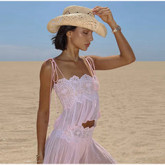 Lace Embroidered Square Neck Sheer Crop Top And Wide Pants Set