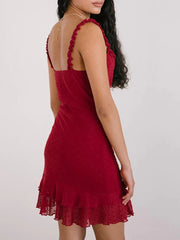 Red Printed Mesh Frill Strap Mini Dress