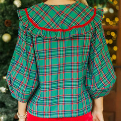Plaid Bow Tie Puff Long Sleeve Ruffle Collared Peplum Blouse