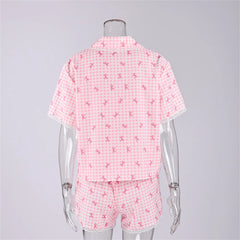 Pink Plaid Bow Three Piece Shirt Bralette And Shorts Pajama Set