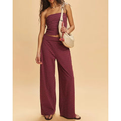 Striped Print Bandeau Tube Top And Elastic Waist Wide Leg Pants Tracksuit