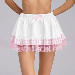 Plaid Lace Patchwork Trim A-line Mini Skirt