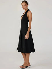 Halter Deep V-Neck Flared Midi Dress