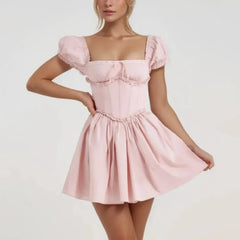 Pink Short Puff Sleeve Corset Style Mini Dress