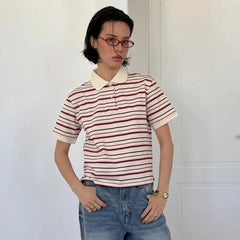 Retro Striped Short Sleeve Polo Neck T-shirt