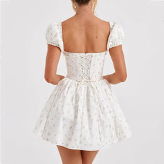 White Floral Puff Sleeve Corset Flare Mini Dress - Free From Label