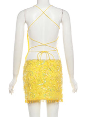 Yellow Sequin Beaded Tassel Open Back Strappy Mini Dress