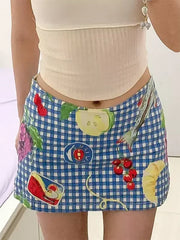 Fruit Printed Blue Plaid Mini Skirt