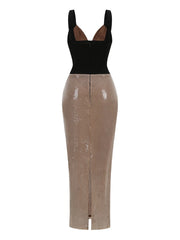 Beige V-Neck Sequin Patchwork Long Dress