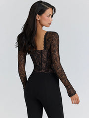 Black Lace Long Sleeve Corset Bodysuit