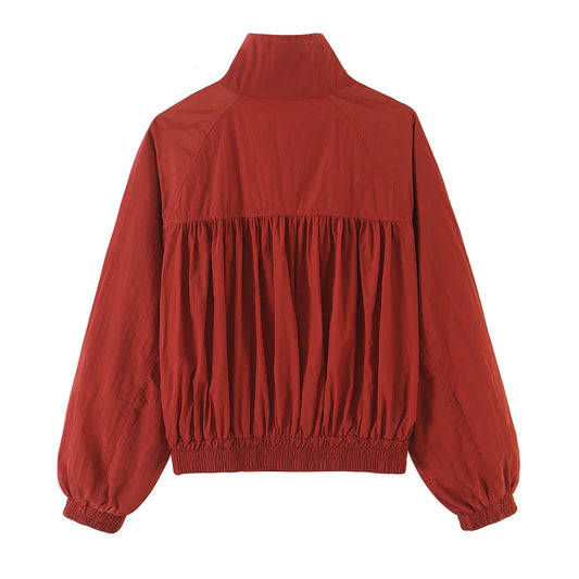 Red Stand Collar Elastic Hem Bomber Jacket