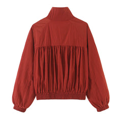 Red Stand Collar Elastic Hem Bomber Jacket